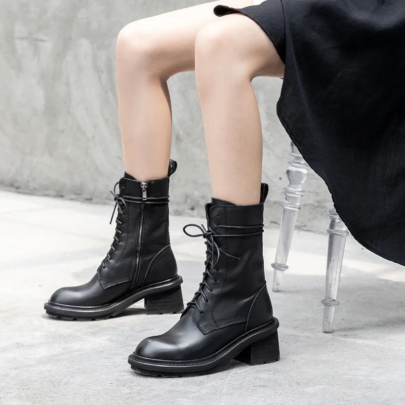 

ISNOM Motorcycle Boots Women Army Ankle Boots Woman High Heels Shoes Female Lace Up Zip Shoes Ladies Genuine Leather Shoes