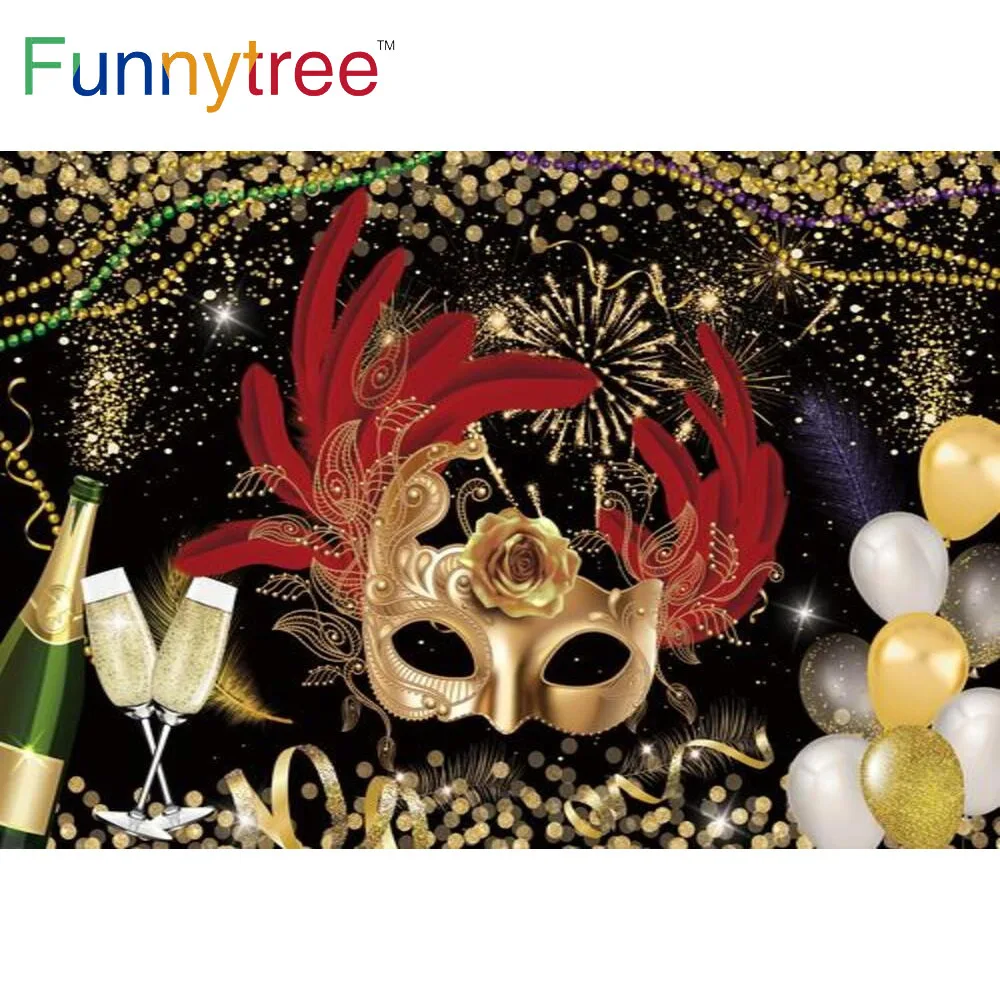 

Funnytree Masquerade Party Backdrop Costume Queen Golden Dots Bokeh Glitter Ribbons Balloons Fireworks Champagne Background