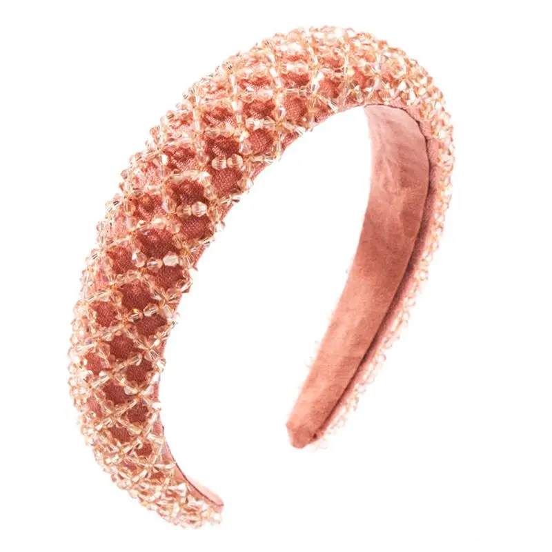 

Korean Womens Thick Sponge Padded Headband Rhombus Faux Crystal Glass Beads Hair Hoop Handmade Weave Solid Color Jewelry HX6F