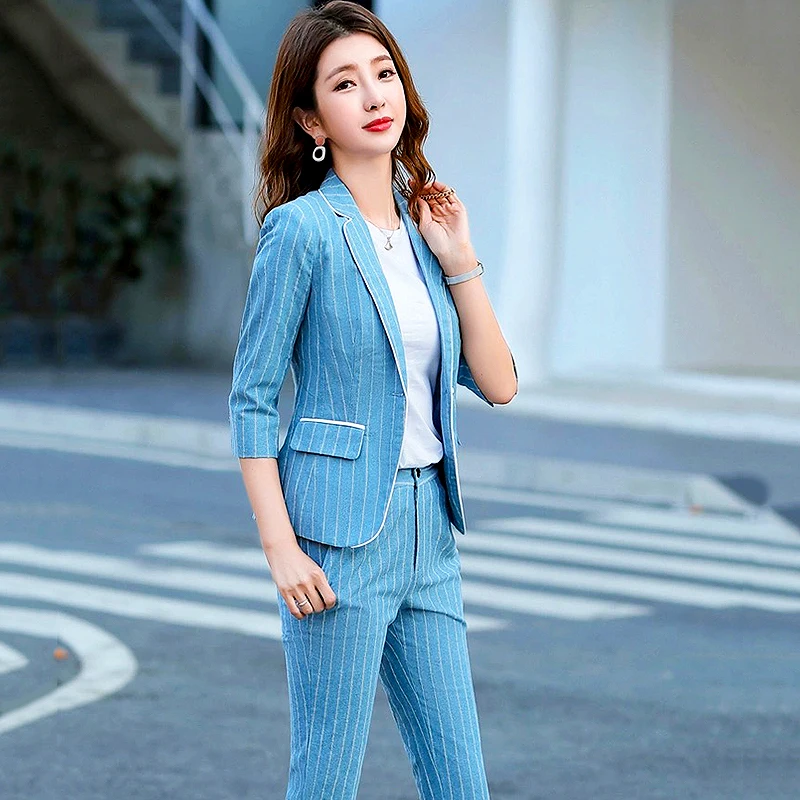 

Chic Office Ladies Women Coat Suit Elegant Stripe Two-Pieces Women Blazer Suit Casual Suits Female Blazer Set And Trousers LS104