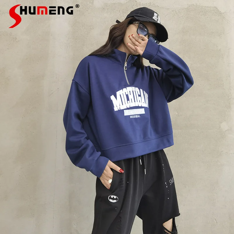 

Женская толстовка на молнии, однотонная свободная Короткая Толстовка с капюшоном и длинным рукавом, с воротником-стойкой, осень 2021