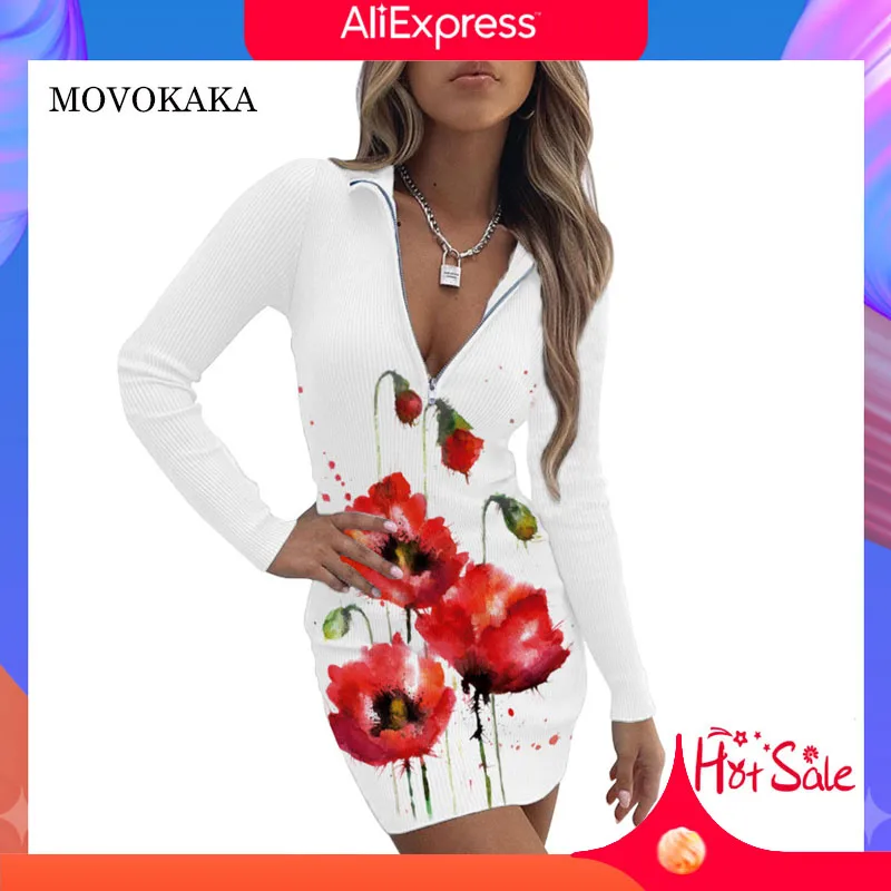 

MOVOKAKA Flower Print White Dress Women Sexy Long Sleeve Casual Zipper V-Neck Slim Dresses Woman Spring Autumn Short Dress Women