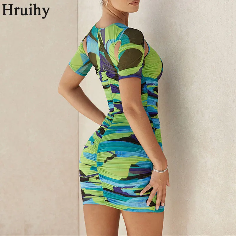 

Summer Dress 2020 Short Sleeve Round Neck Tie Dye Print Ruched Night Dress Women Hollow Out Fashion Female Mini Dress Elegant