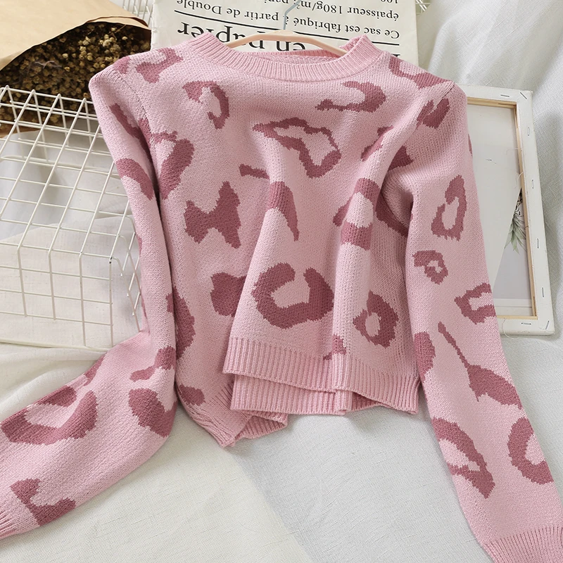 7738 милый свитер с леопардовым принтом короткий пуловер длинным рукавом Женская