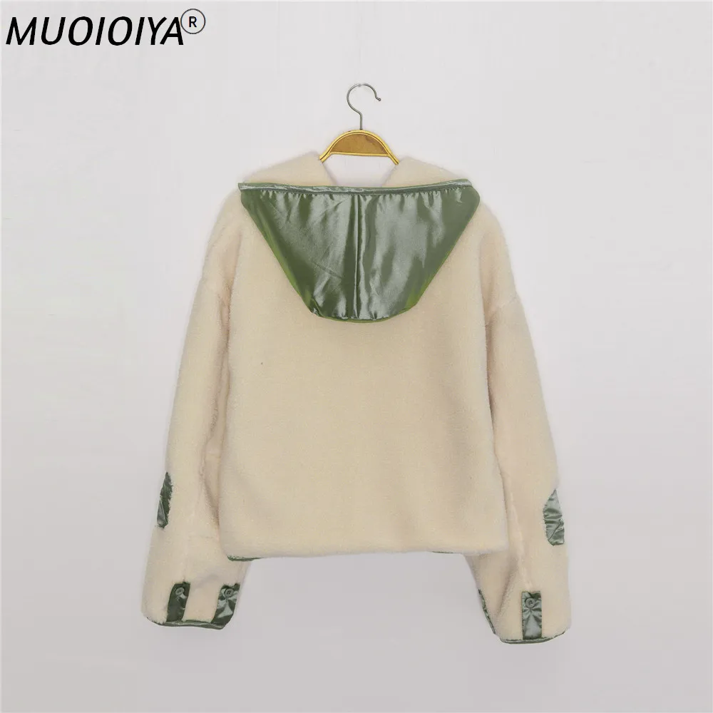 

Women Fur Hooded Short Jacket Pocket Autumn Winter Single Breasted Color Patchwork New Coat