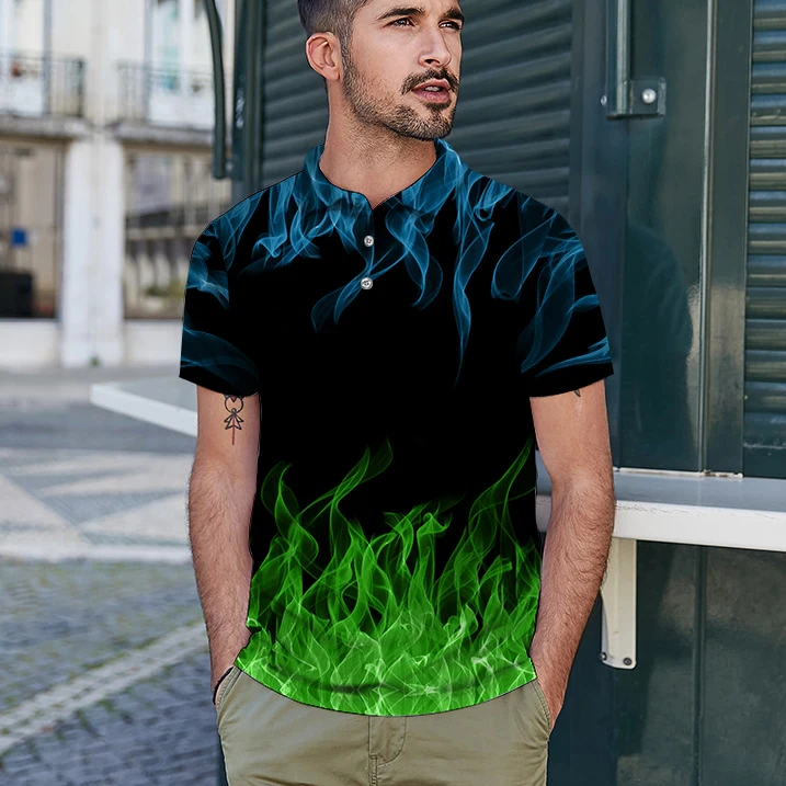 Рубашка-поло мужская с 3D-принтом пламени и коротким рукавом | Мужская одежда