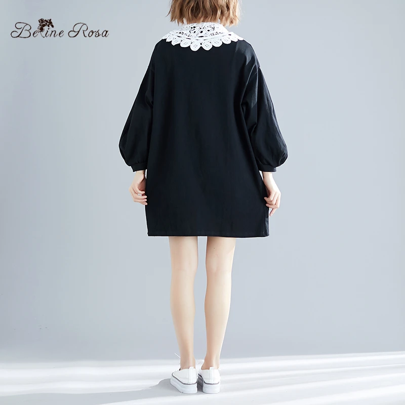 BelineRosa Женское Kawaii Черное короткое платье украсить кружевным воротником Фонарь