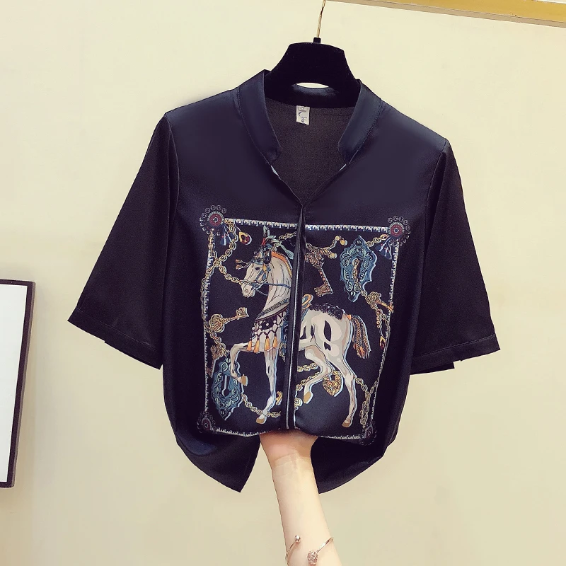 

2020 Summer Women's V Neck Short Sleeves Print Casual Chiffon Shirts Female Shirt Blouse Tops A3505