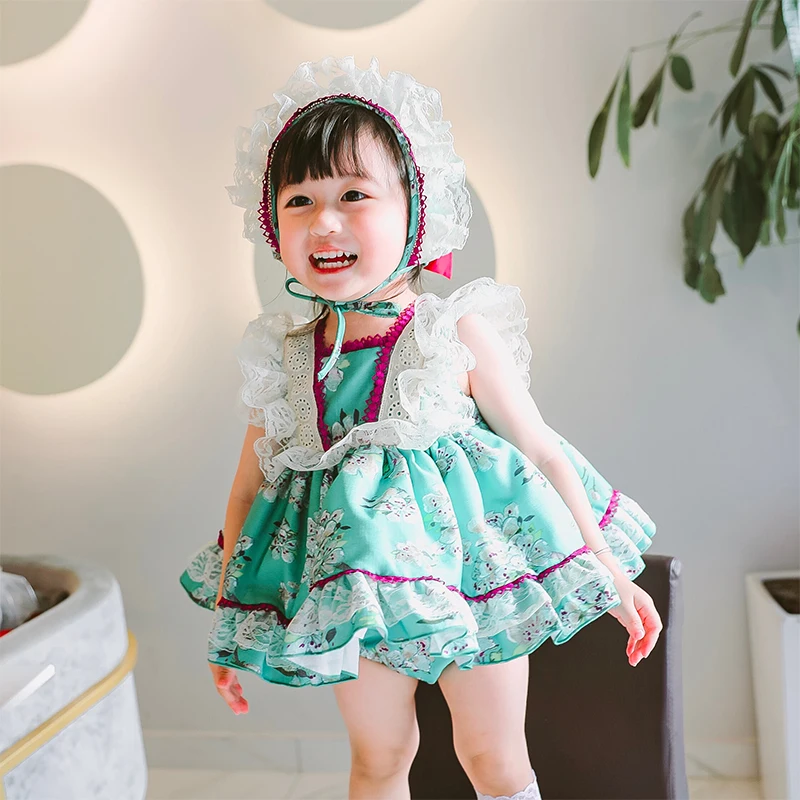 Платья для девочек испанская ретро-кружевная юбка принцесс с зелеными цветами