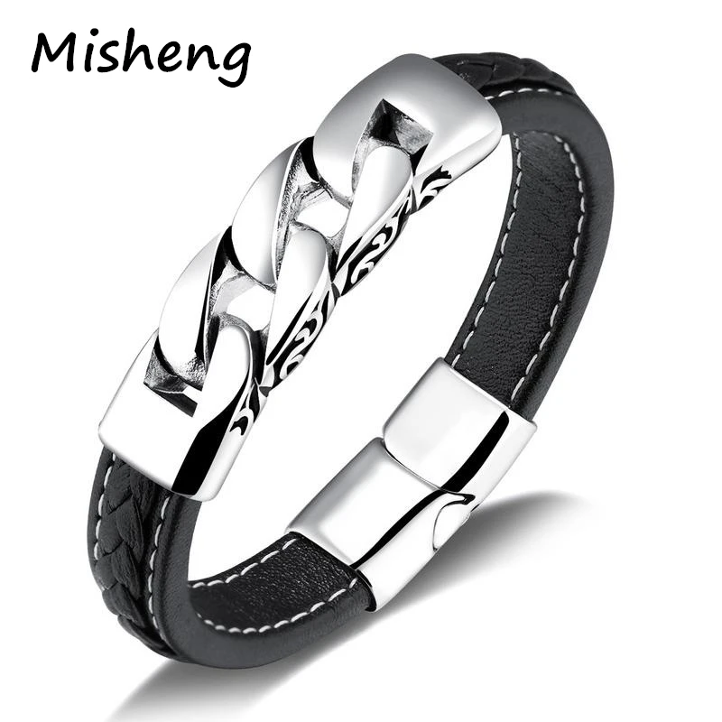 Misheng High Quality Stainless Steel Jewelry Men's Leather Bracelet Link Chain Fashion Brand Accessories 2019 Boyfriend Gift | Украшения