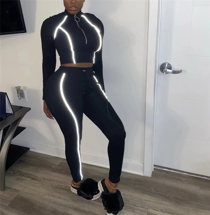 Adogirl Reflective Trim Patchwork 2 Piece Set Tracksuit for Women Zipper Long Sleeve Pullover Top Leggings Pants Jogging Suits |