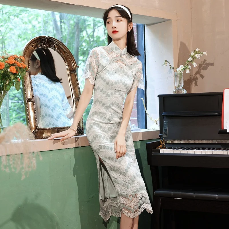 

2021 Women Chinese Style Traditional Cheongsam Dress Summer Slit Sexy Elegant Lace Skirts Stand-up Collar Evening Party Dresses