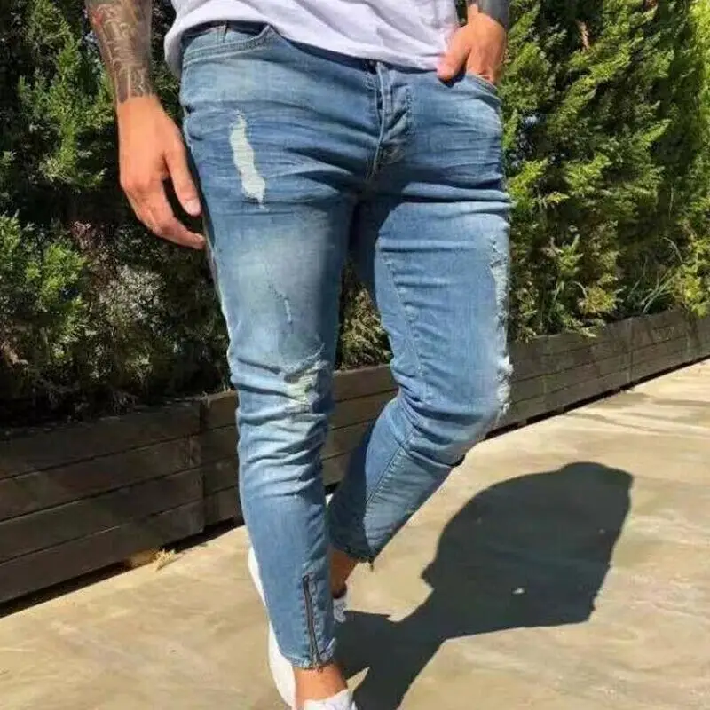 

Men Strench Pencil Zip Pants Skinny Hole Ripped Denim Jeans Slim Fit Trousers Casual