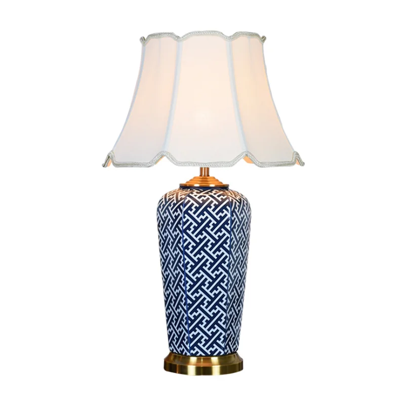 Роскошная сине белая керамическая тканевая настольная лампа в американском