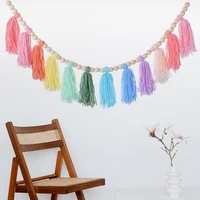 wood beads fluff thread ball string banner tassel wall hanging decoration for girls room and bedroom