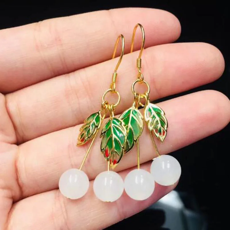 

HOT 925 Sterling Silver Fine Jewelry Hetian White Jade Inaly Green Leafs Set Bead Dangle Earrings For Women Charm Christmas Gift