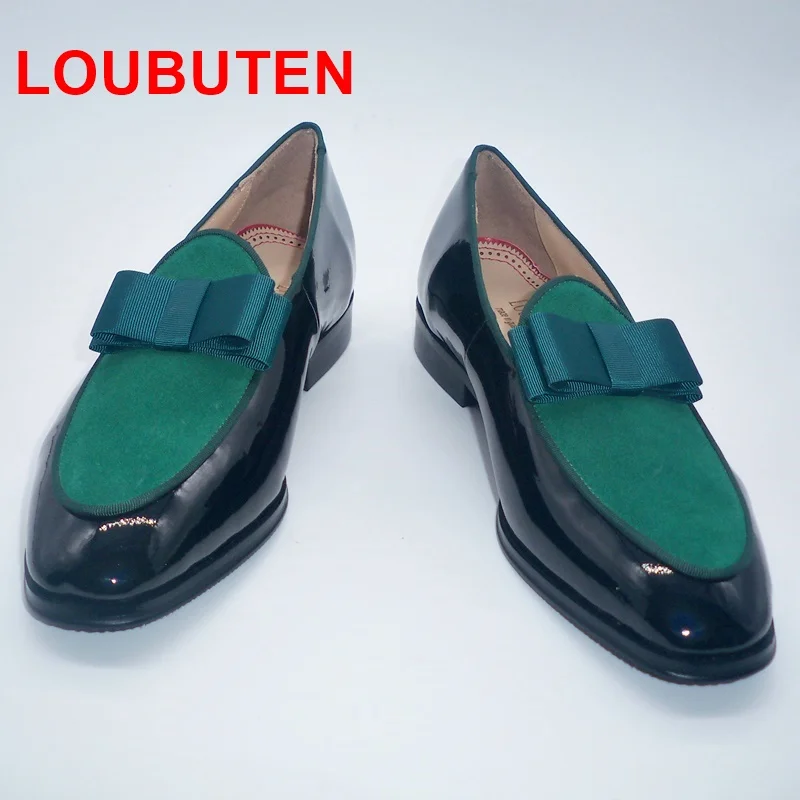 LOUBUTEN Black Patent Leather Shoes Men Bowtie Loafers Patchwork Green Suede Boat Dress Slip-on Wedding | Обувь