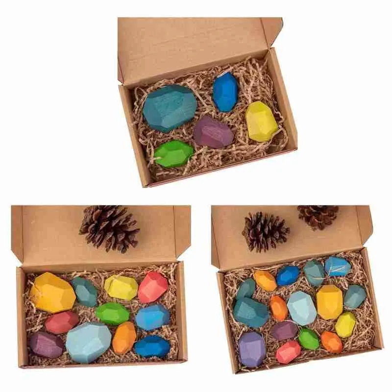 

Wooden Rainbow Colored Stone Building Block Educational Nordic Wooden Style Game Creative Toy Adults Toys Stacking For Kids N2O6