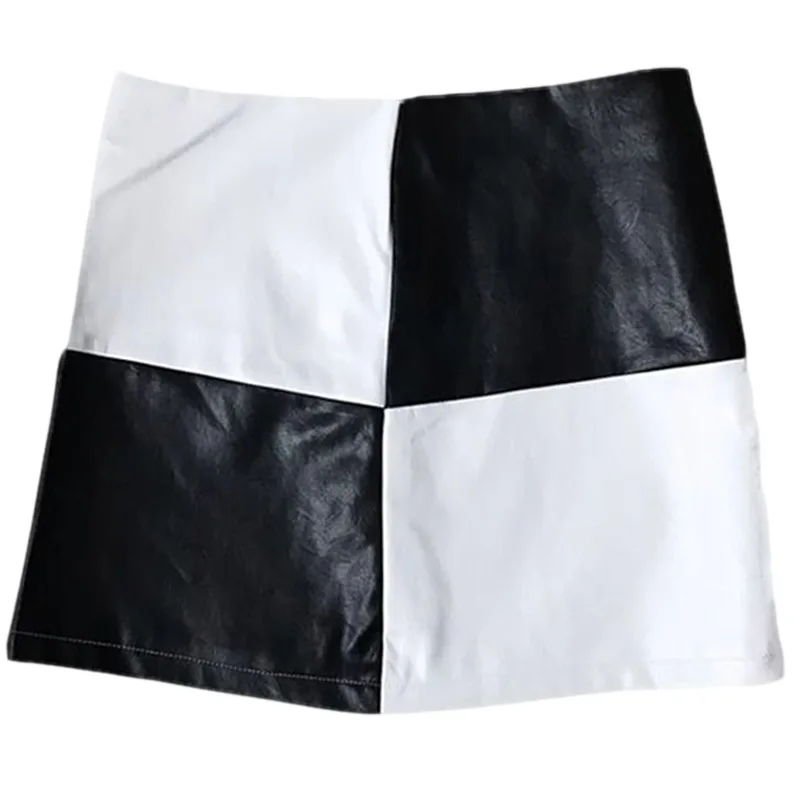 

ALLNeon Vintage PU Leather Mini Skirts Patchwork Black and White A-line Short Skirt Fashion Summer E-girl Plaid Skirt Streetwear