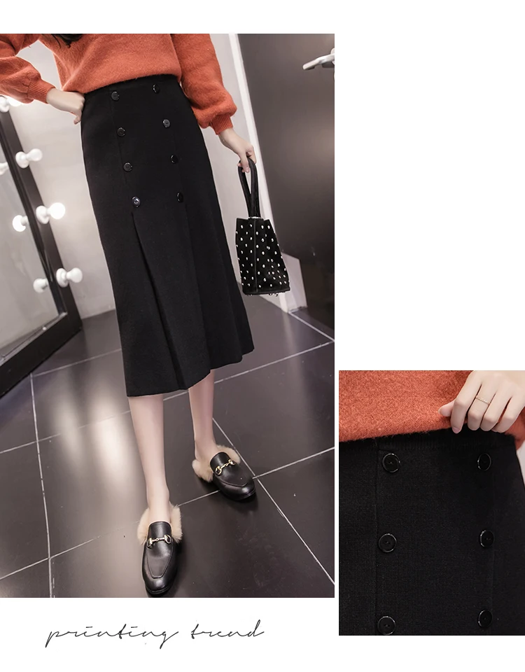 High Waist Stretch Knitted Skirt Women Elegant Double breasted Straight Long Skirts Female Autumn Winter Vintage Pleated Skirt
