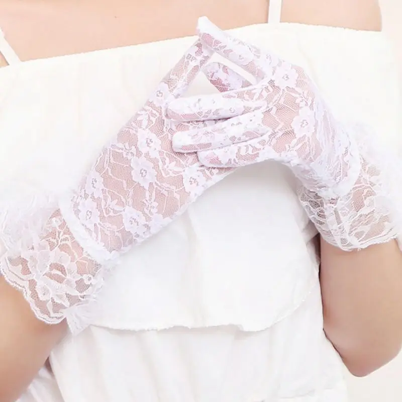 

Women Vintage Sunscreen Full Finger Short Gloves Solid Color Sheer Floral Lace Jacquard Ruffles Trim Driving Mittens