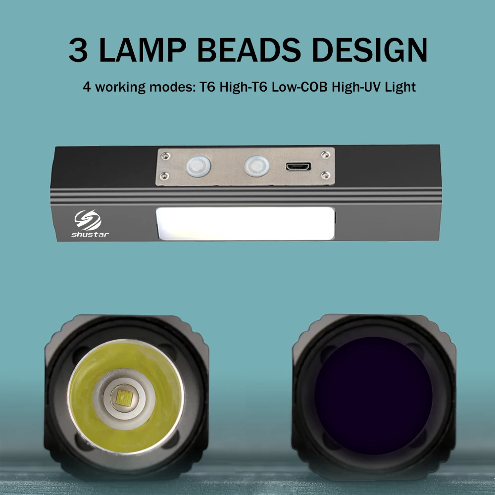 Мощный светодиодный фонарик T6 белый светильник + Ультрафиолетовый