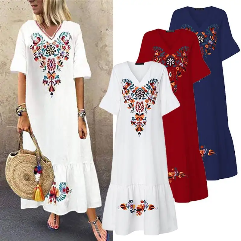 Bohemian Maxi Dress ZANZEA Women Printed Sundress Casual V-Neck Summer Vestido Female Short Sleeve Floral Robe Plus Size