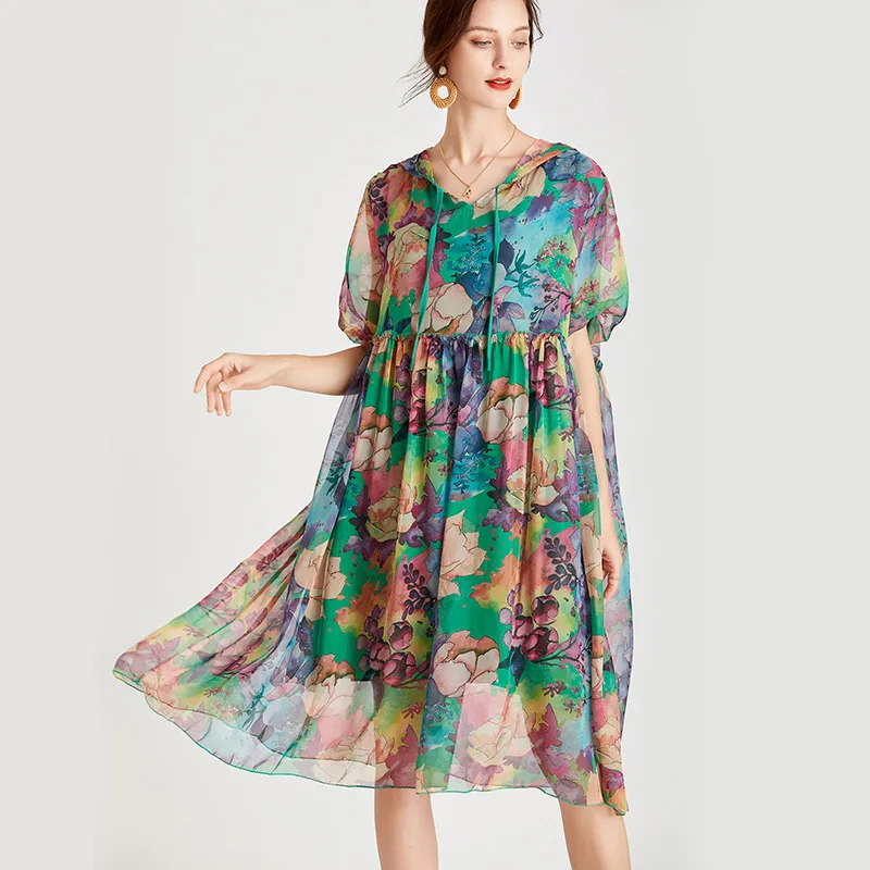 Женское летнее Новое свободное Модное шифоновое платье с капюшоном и V-образным