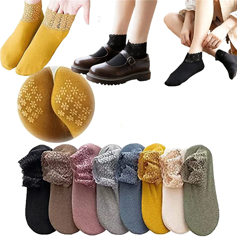

2021 New Fashion Lace Warmer Socks Women Socks Non Slip Socks Solid Color Lace Cotton Ankle Socks Women Winter Warm Socks