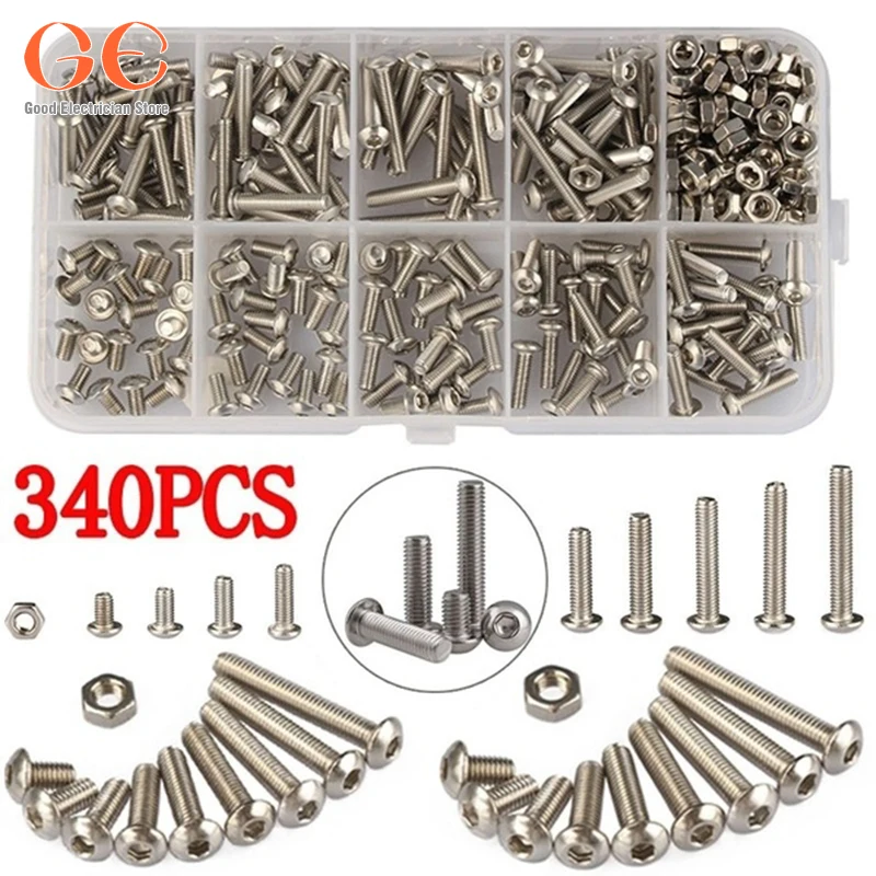 

340PCS/SET M3 Stainless Steel Hex Socket Screws Nut Set With Box nut sock metic nut and bolt assortment thumb screw m3 color