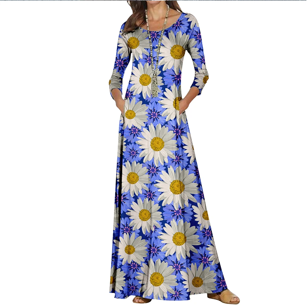 

Женское длинное платье-туника с круглым вырезом, длинным рукавом и цветочным принтом