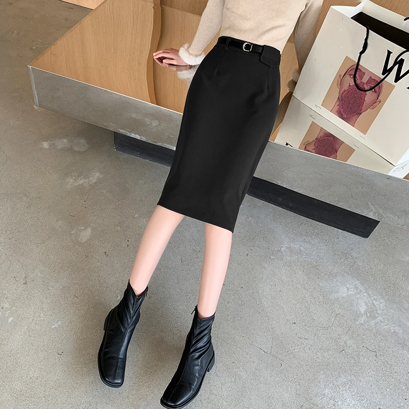 

2020 Autumn Winter Woolen Midi Skirts Women Belt High Waist Wrap Sheath Back Split Pencil Skater Skirt Female