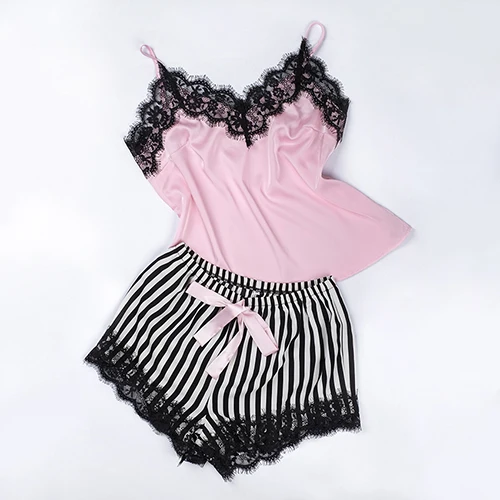 Pink Викторианский ключ кружевная отделка атласные Cami и полосатые шорты пижамный комплект женское сексуальное белье набор Ночная сорочка Осенняя Дамская пижама - Цвет: Pink