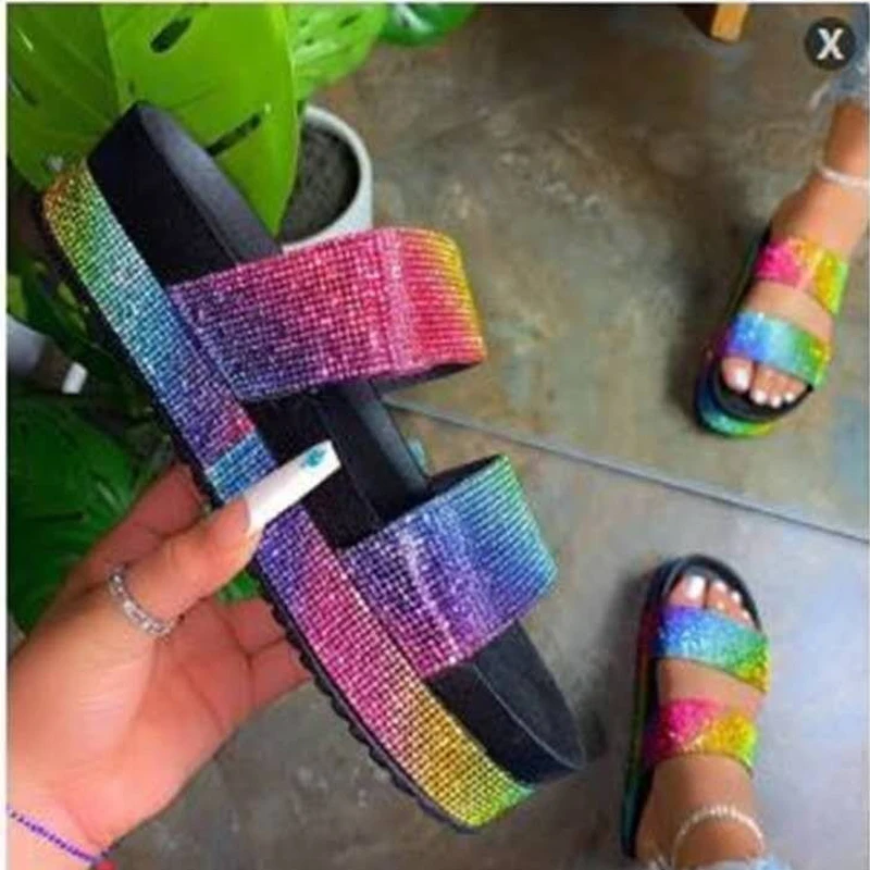 

2021 new trend flat heel increased rhinestone casual slippers women shoes big size Girl zapatos de mujer walking female