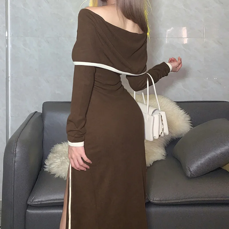 Женское облегающее платье с длинным рукавом открытыми плечами для