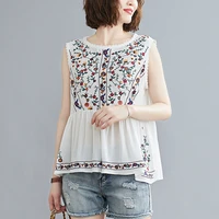 2021 summer vintage floral embroidery cotton blouse women tops sleeveless ruffle see through black blouses shirt vetement femme