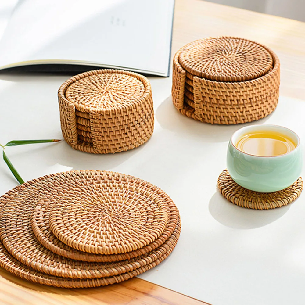 

Placemat Pad Coasters Kitchen Table Mats rattan coaster Bowl Mats Padding Mat Insulation Pad Round Placemats Hand-made