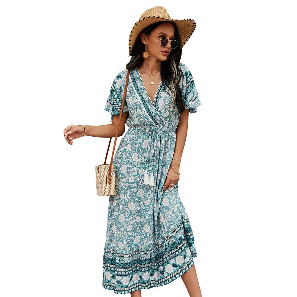 

Beach Casual Printed V-Neck Short Sleeve Dress High Waist Summer Women Sundress 2021 Fashion Midi dress Vestidos Bohemian Dress