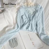 pearl diary women crinkle knit cardigans button up lace neckline long sleeve casual retro beach cover up slim fit chic blouse