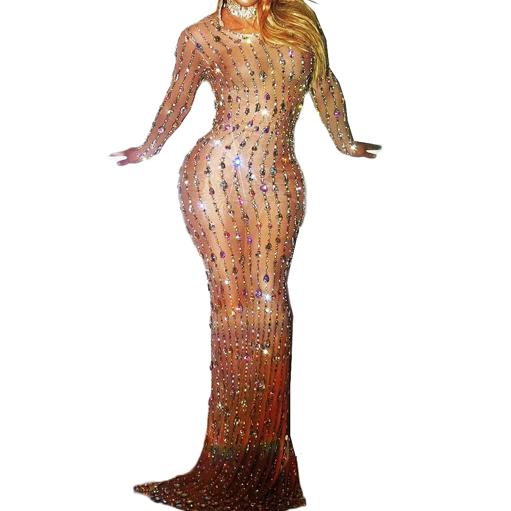 

Sparkly Embellished Beaded Rhinestones Sknny Elastic Dresses Long Sleeve Mesh Women Dress Nightclub Singer Dancer Stage Wear