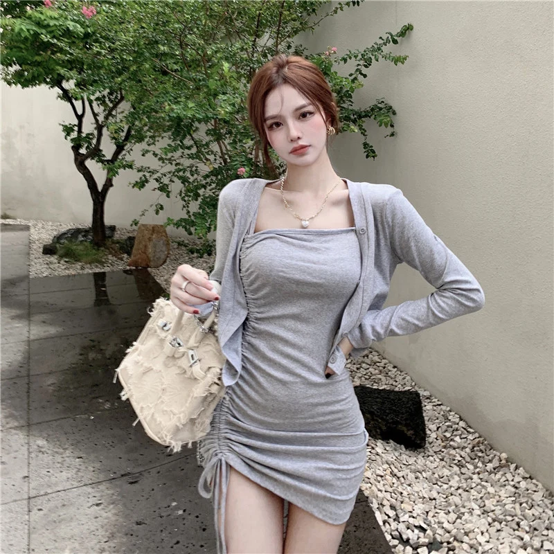 

Korean Ladies Tight-fit Slim Sexy Sling Mini Dresses Sexy knitting Long sleeve coat 2021 Autumn office prom Folds Two-piece suit