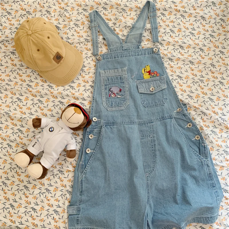

Streetwear Vintage Cute Girl Rompers Cartoon Embroidery Jumpsuit Bear Pocket Cowboy Overalls Kawaii Women Denim Playsuit 2021