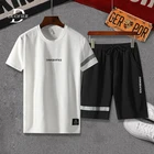 Мужской спортивный костюм из двух предметов, повседневная Однотонная футболка и шорты, свободный спортивный костюм, лето 2022