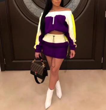 Purple Большие размеры, сексуальный комплект из 2 предметов, летняя одежда для женщин, укороченный Топ с длинным рукавом и облегающая мини-юбка, спортивные костюмы - Цвет: Purple