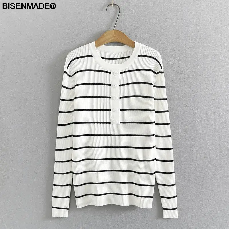 

Женская одежда, свитер большого размера, новинка сезона осень-зима 2021, джемпер, облегающие Модные женские вязаные пуловеры в полоску с кругл...