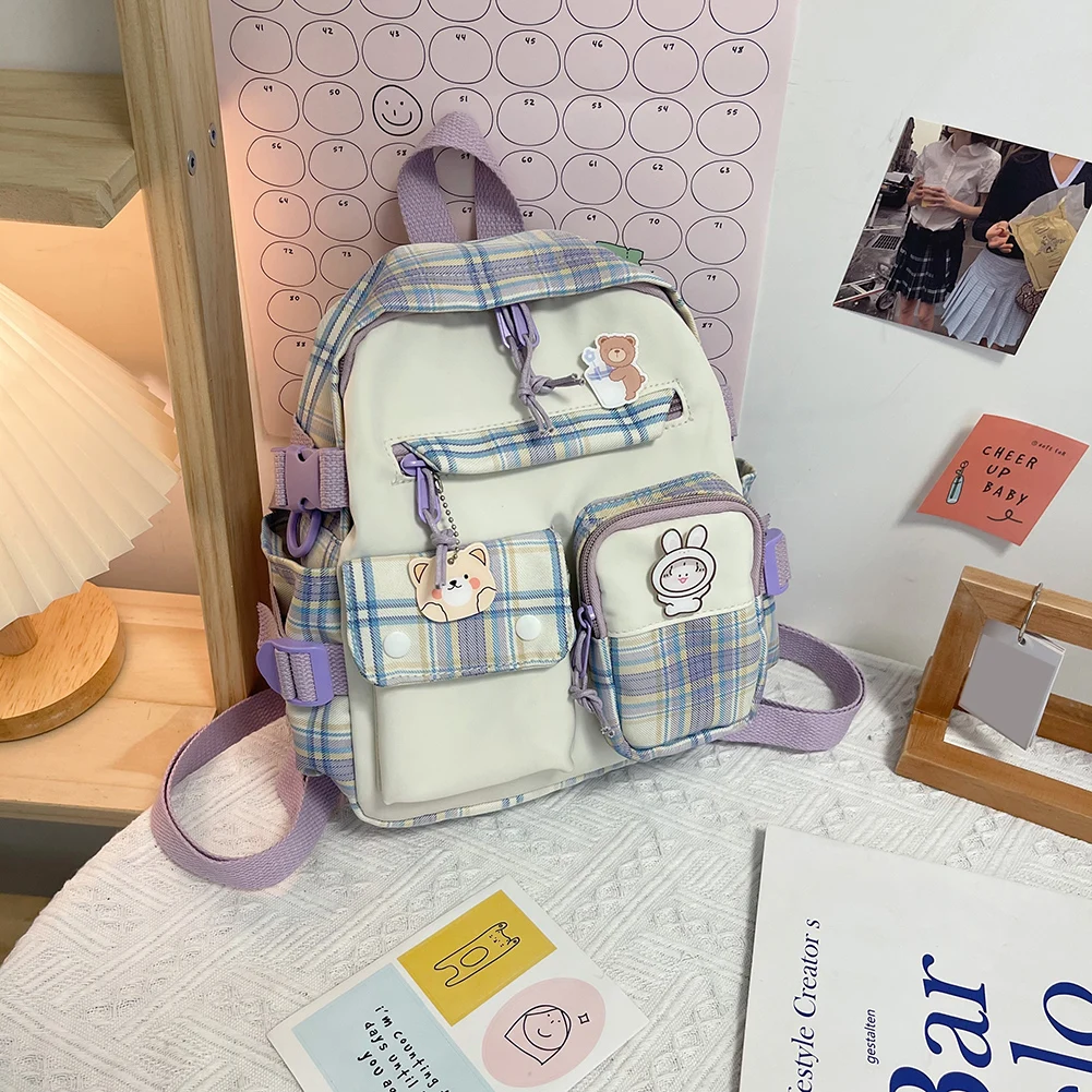 

Модный женский рюкзак в стиле преппи с мультяшным принтом в клетку с подвеской, Повседневная дорожная школьная сумка для девочек и студенто...