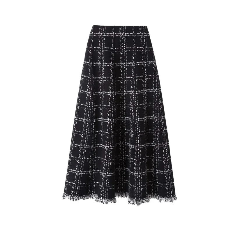 

CocoFlower 2021 New High Waist Pleated Skirt Black White Plaid Skirts Women's Midi Knit Dress Tassel Big Skirt