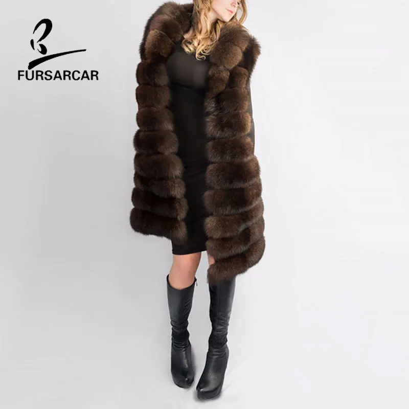 FURSARCAR отстегивающееся натуральное меховое пальто для женщин, зимнее плотное пальто из лисьего меха с большим меховым воротником, роскошная полоска из натурального меха соболя