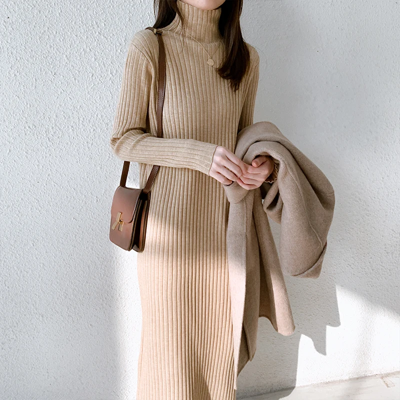 

Winter Women Sweater Dress Turtleneck Striped sweaters Long Sleeve Mid-calf Female Knitted Pullovers Dress Vestidos JK283