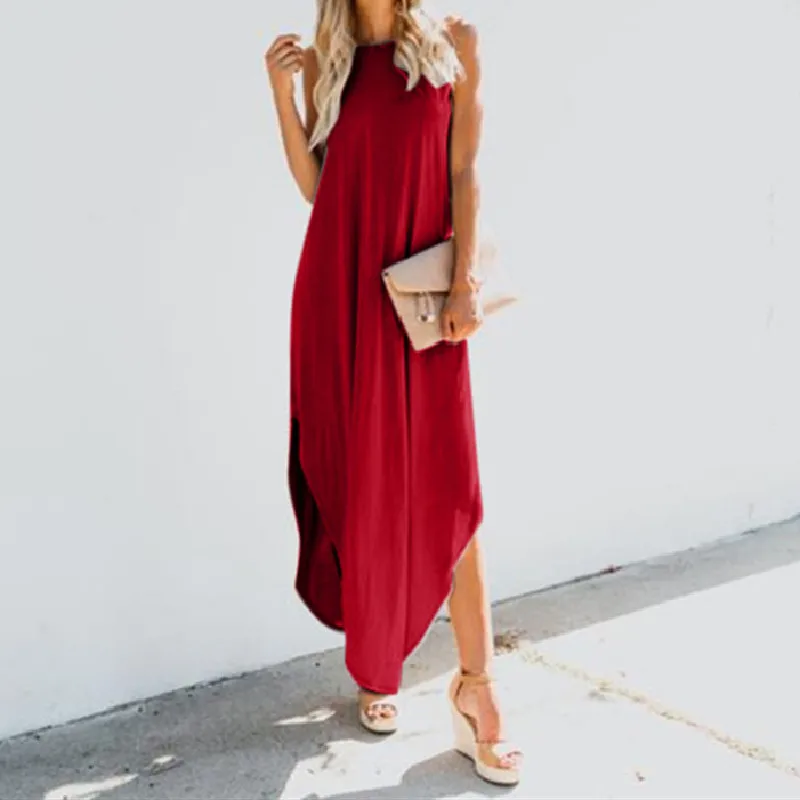 

New Arrival Casual Women O-neck Slim Dress 2020 Beach Style Sleeveless Maxi Dress for Ladies